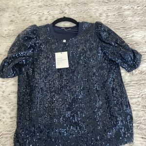 GENERATION LOVE Sequined Navy Puffed Sleeve Top